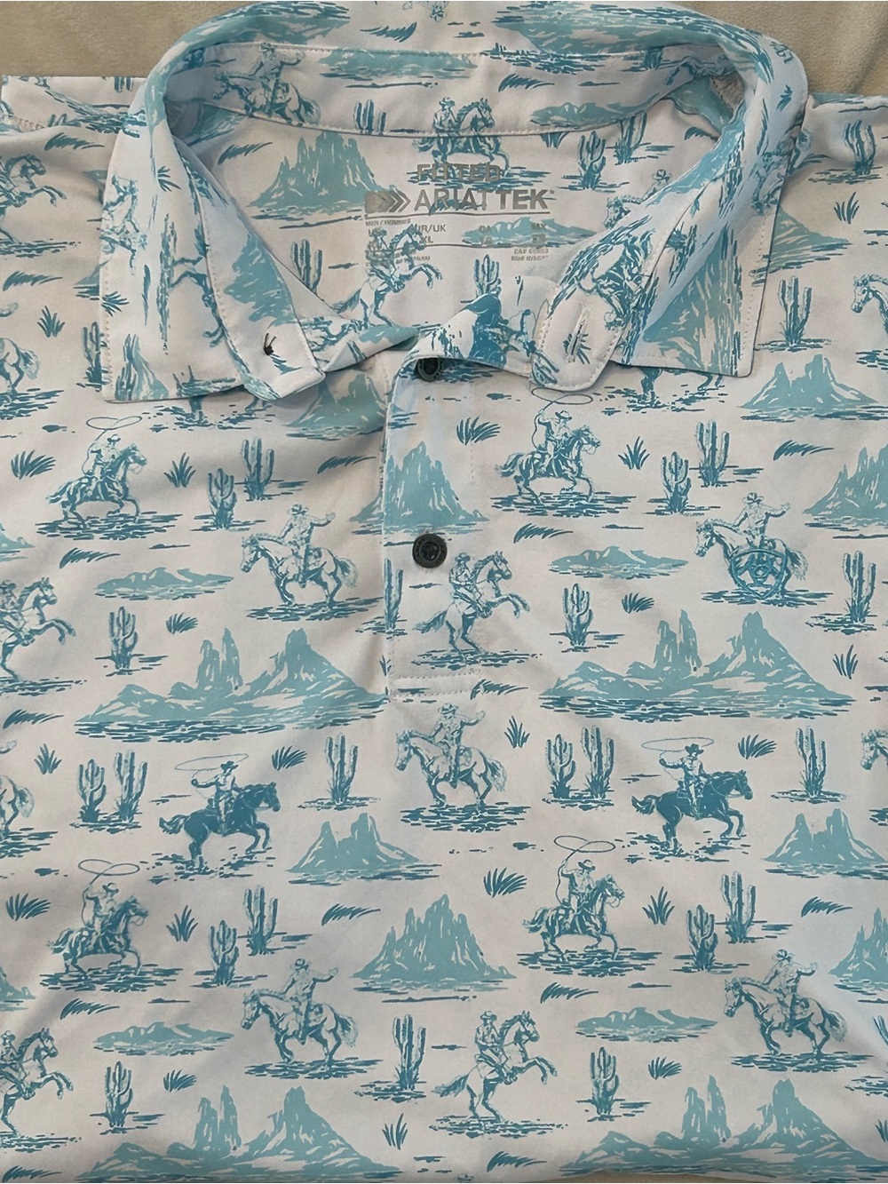 Ariat Tek Men’s Polo Shirt XL White Blue Western Cowboy Cactus Print Performance